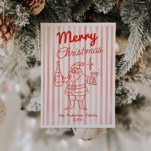 Retro Red Santa Champagne Kerstmisfoto Feestdagenkaart