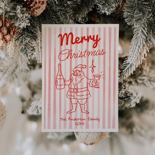 Retro Red Santa Champagne Kerstmisfoto Feestdagenkaart