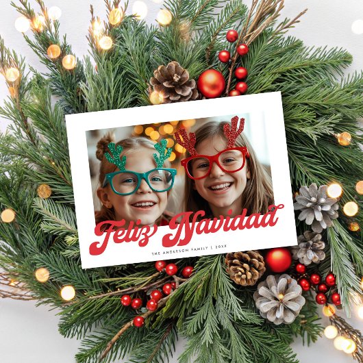 Retro Red Script Feliz Navidad Eén Foto Feestdagenkaart