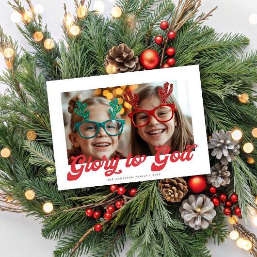 Retro Red Script Glory To God One Photo Christmas  Feestdagenkaart