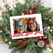 Retro Red Script Happy New Year One Photo Feestdagenkaart