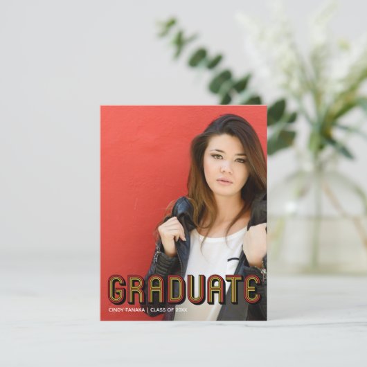 Retro Red Script Uniek Afstuderen foto-Afstuderen Aankondiging (Staand voorkant)