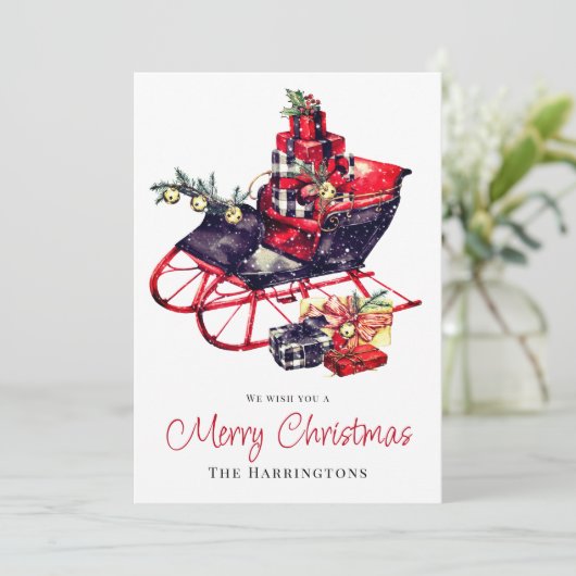  Retro Red Sleigh Kerst Wenskaart (Staand voorkant)