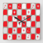 Retro Red Starbursts Square Wall klok (Voorkant)
