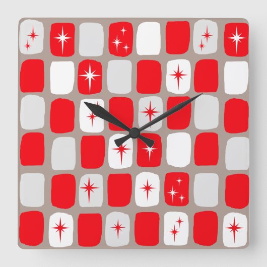 Retro Red Starbursts Square Wall klok (Voorkant)