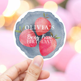 Retro red Strawberry Berry First Birthday  Ronde Sticker