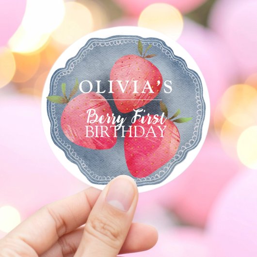 Retro red Strawberry Berry First Birthday  Ronde Sticker