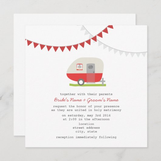 Retro Red Trailer Wedding Invite Kaart (Voorkant / Achterkant)