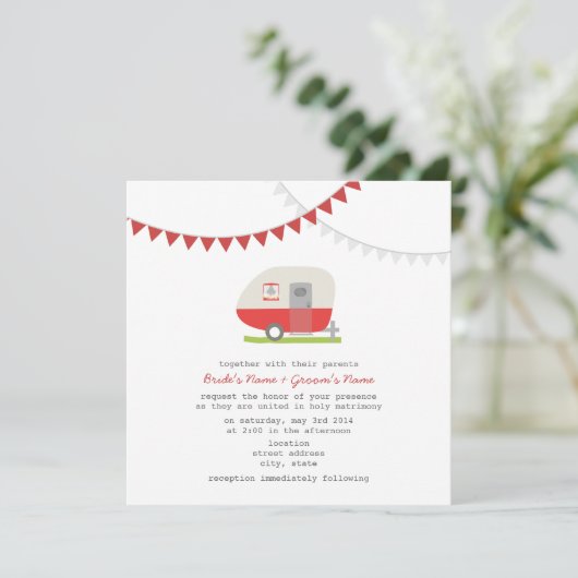Retro Red Trailer Wedding Invite Kaart (Staand voorkant)
