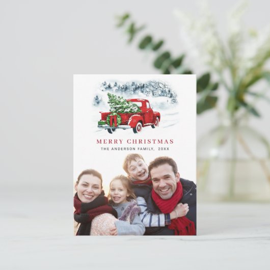 Retro Red Truck Kerstgroet Holiday Foto Briefkaart (Staand voorkant)