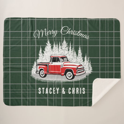 Retro Red Truck Merry Kerstpa Blanket Sherpa Deken (Voorkant (horizontaal))