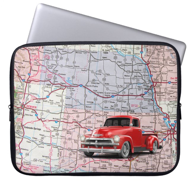 Retro Red Truck op VS-kaart Laptop Sleeve (Voorkant)