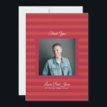 Retro Red Volcano Stripe Photo High School Grad Bedankkaart<br><div class="desc">Part of Grad Collection - Add your custom matching envelope, stickers, and more Announce your graduate’s achievement with this retro and preppy graduation announcement card. Featuring a modern photo layout and clean typography, this design is perfect for high school graduates celebrating the Class of 2026. Fully customizable with your own...</div>