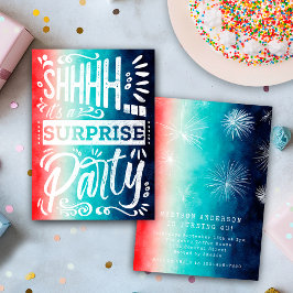Retro Red White Blue Shh Surprise Birthday Party Kaart