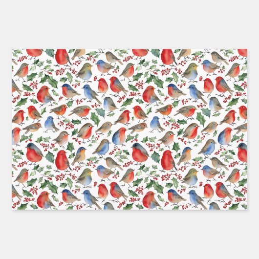 Retro Red White Robin Kerstfruit Waterverf Inpakpapier Vel (Voorkant 3)
