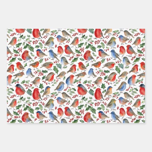 Retro Red White Robin Kerstfruit Waterverf Inpakpapier Vel (Voorkant)