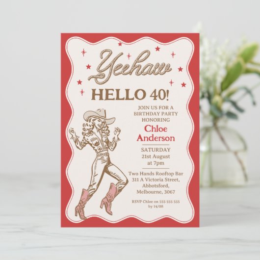  Retro Red Yeehaw Cowgirl 40e verjaardag Kaart (Staand voorkant)