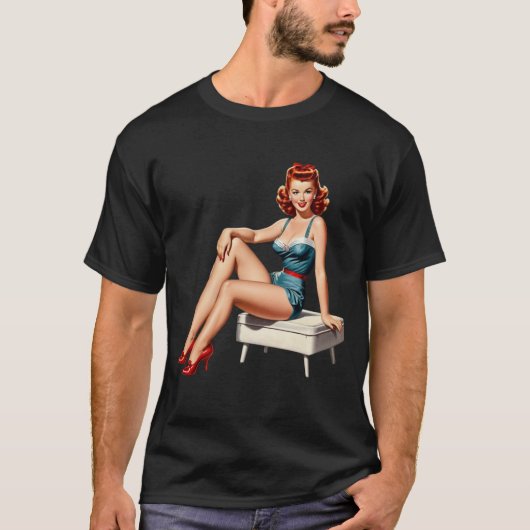 Retro Redhead Pin-Up Girl in Blue Dress T-shirt (Voorkant)