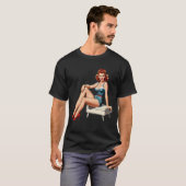 Retro Redhead Pin-Up Girl in Blue Dress T-shirt (Voorkant volledig)
