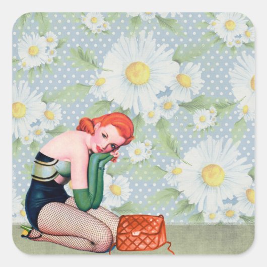 Retro Redhead Pin-up Girl Vierkante Sticker (Voorkant)
