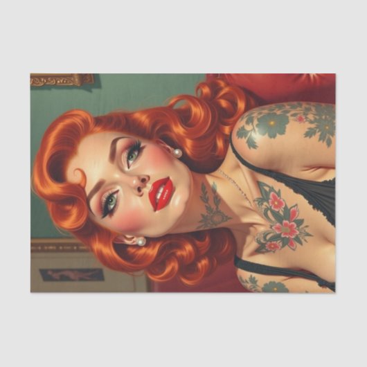 Retro Redhead Pin-Up met Tattoos Decoupage Tissuepapier (Voorkant)