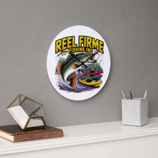 Retro "Reel Firme Fishing Inc" Bass & Kayak Muur C Grote Klok