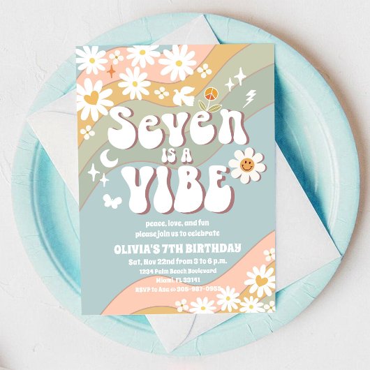 Retro Regenboog 7de Verjaardagsuitnodiging Kaart