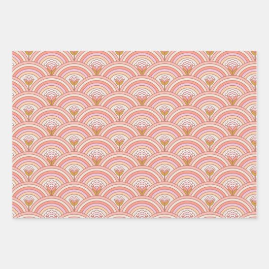Retro Regenboog Bloemen Roze & Koraal Inpakpapier Vel (Voorkant)