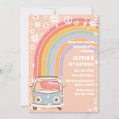 Retro Regenboog Eerste Verjaardagsuitnodiging Kaart (Voorkant)