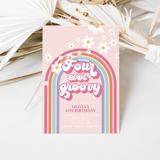 Retro Regenboog Four Ever Groovy 4e Verjaardag Kaart