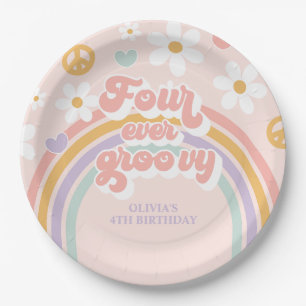 Retro Regenboog Four Ever Groovy 4e Verjaardag Papieren Bordje
