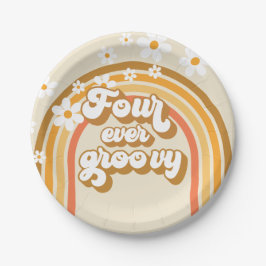 Retro Regenboog Four Ever Groovy 4e Verjaardag Papieren Bordje