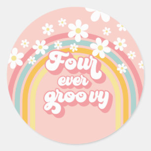 Retro Regenboog Four Ever Groovy 4e Verjaardag Ronde Sticker