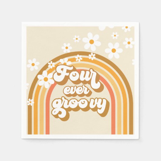 Retro Regenboog Four Ever Groovy 4e Verjaardag Servet (Voorkant)