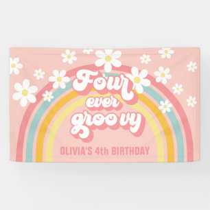 Retro Regenboog Four Ever Groovy 4e Verjaardag Spandoek