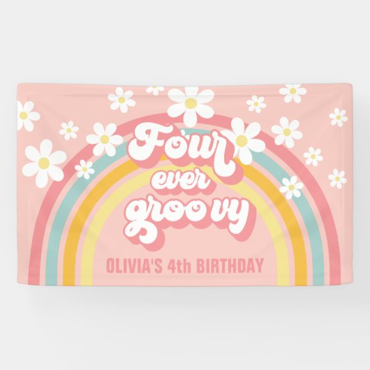 Retro Regenboog Four Ever Groovy 4e Verjaardag Spandoek (Horizontaal)