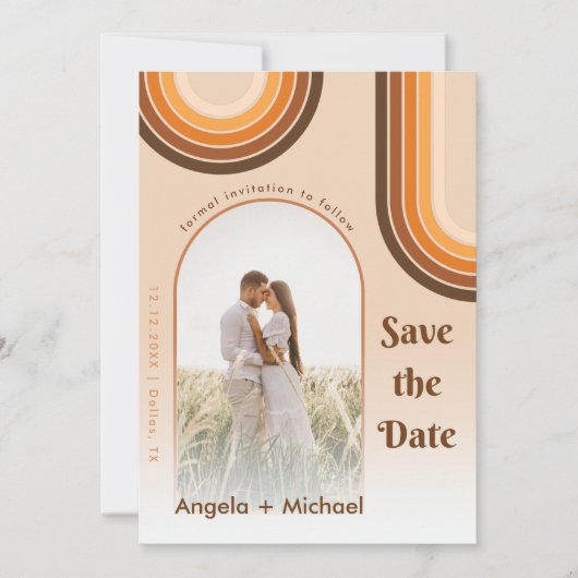 Retro Regenboog Gebogen Foto Boho 70s Groovy Trend Save The Date (Voorkant)