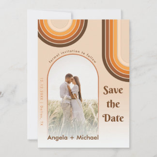 Retro Regenboog Gebogen Foto Boho 70s Groovy Trend Save The Date