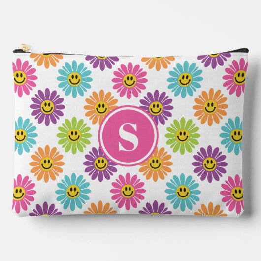 Retro Regenboog Gelukkig Daisy Patroon Monogrammed Etui (Voorkant)
