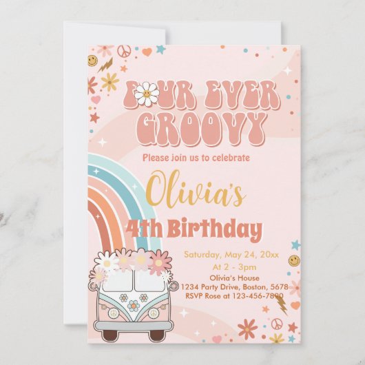 Retro Regenboog Groovy 4de Verjaardagsuitnodiging Kaart (Voorkant)