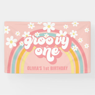 Retro Regenboog Groovy Eén 1e Verjaardag Spandoek