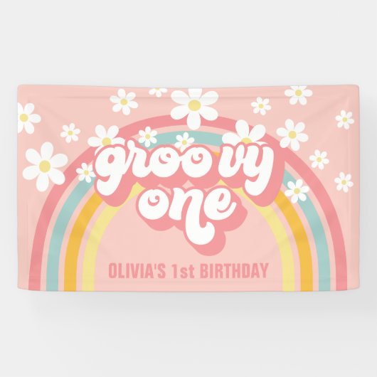Retro Regenboog Groovy Eén 1e Verjaardag Spandoek (Horizontaal)
