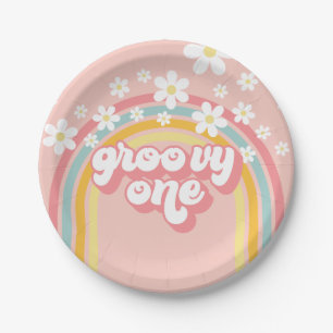 Retro Regenboog Groovy Eerste Verjaardag Papieren Bordje