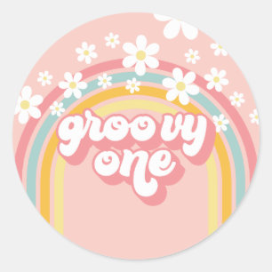 Retro Regenboog Groovy Eerste Verjaardag Ronde Sticker