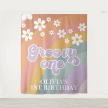 Retro Regenboog Groovy Eerste Verjaardag