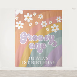 Retro Regenboog Groovy Eerste Verjaardag Wandkleed