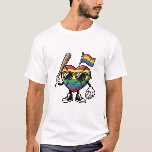 Retro Regenboog Hart Honkbal Pride T-shirt Ontwerp (Voorkant)