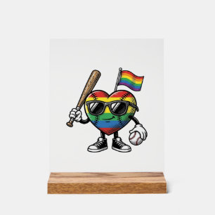 Retro Regenboog Hart Honkbal Pride T-shirt Ontwerp Acryl Bord