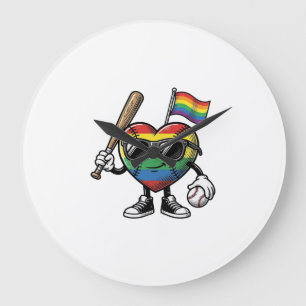 Retro Regenboog Hart Honkbal Pride T-shirt Ontwerp Grote Klok