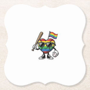 Retro Regenboog Hart Honkbal Pride T-shirt Ontwerp Kartonnen Onderzetters